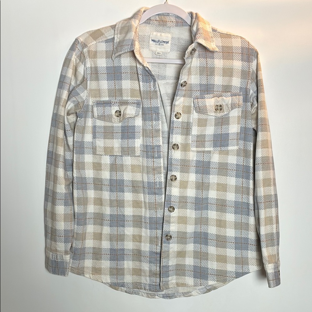 Wallflower Beige and Blue Plaid Casual Button Down Shirt Shacket